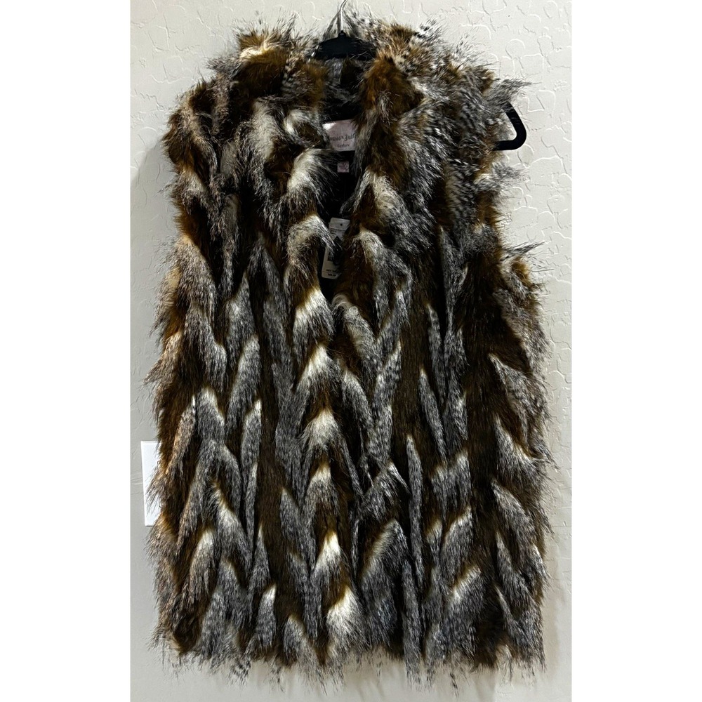 NWT Romeo & Juliet Couture Faux Fur Vest Womens Multi Brown Chevron Hook Close S